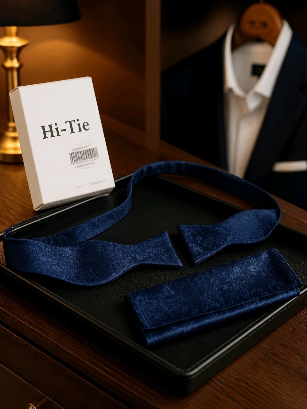 Men's Navy Blue Paisley Bow Tie and Pocket Square Set